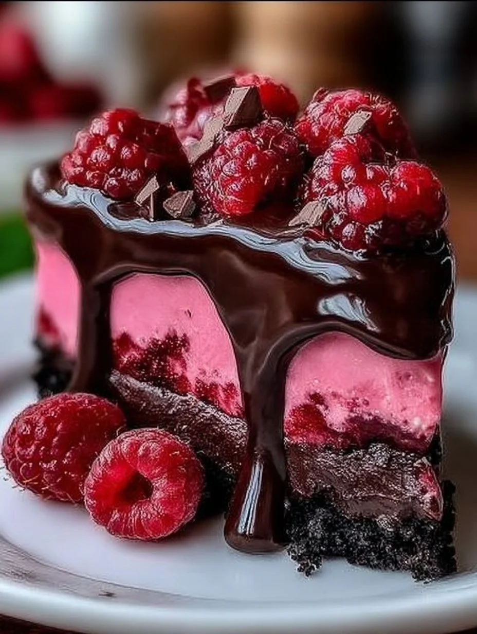 Dunkler Schokoladen-Himbeer-Käsekuchen mit frischen Himbeeren