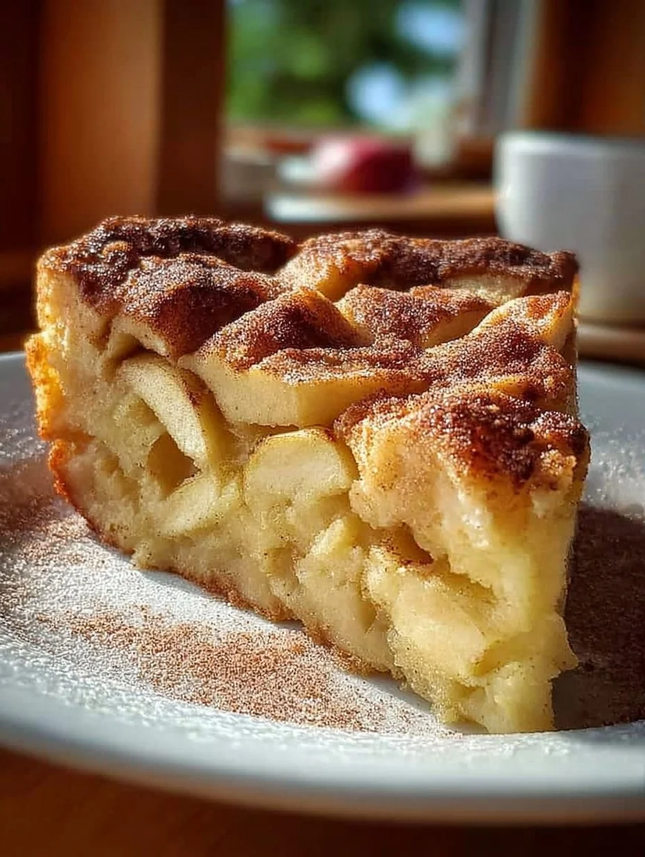 Einfacher Apfelkuchen mit Äpfeln, frisch gebacken auf einem Teller