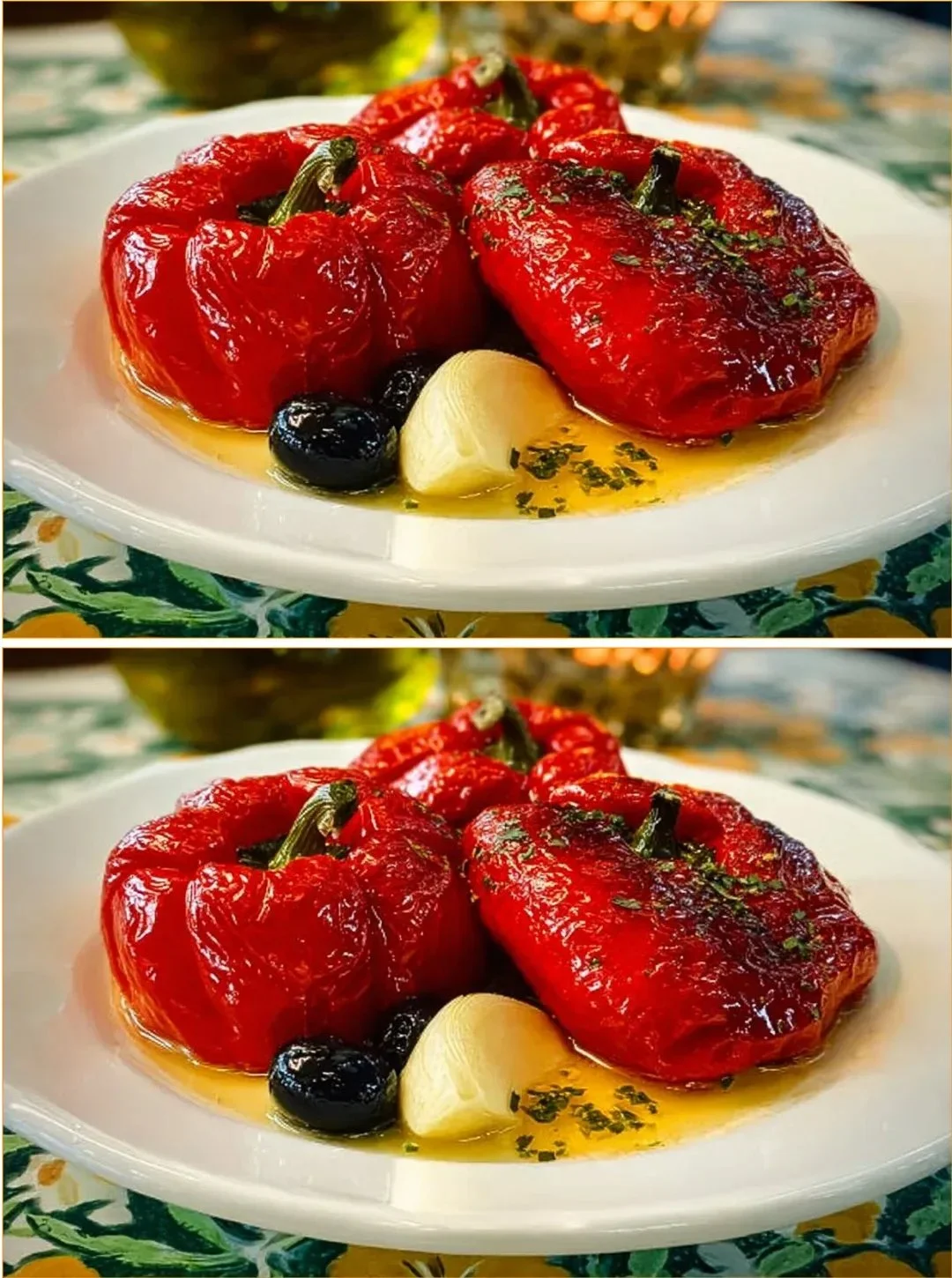 Eingelegte rote Paprika in einem Glas mit Kräutern und Gewürzen