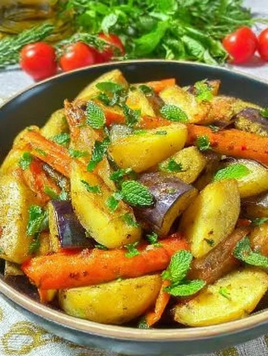 Frittierte Kartoffeln mit Aubergine auf einem Teller serviert.