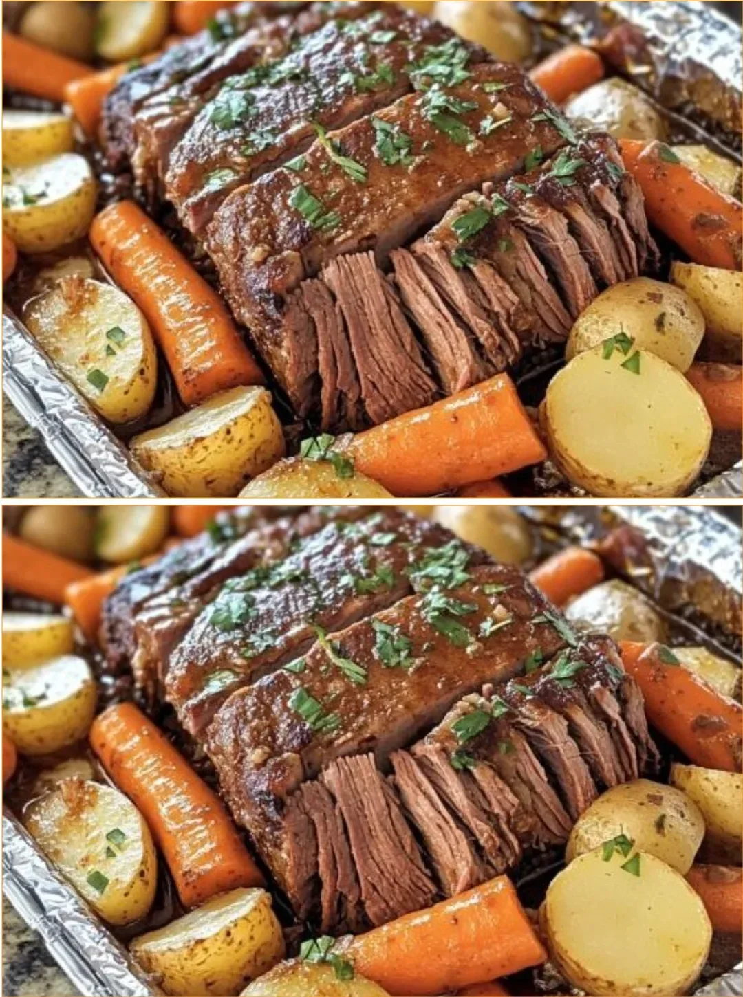 Saftiger gebratener Rinderbraten aus 3 Paketen auf einem Weißblech.