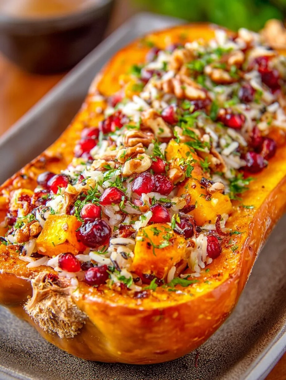Gefüllter Butternut-Kürbis mit einer köstlichen Füllung auf einem Teller serviert