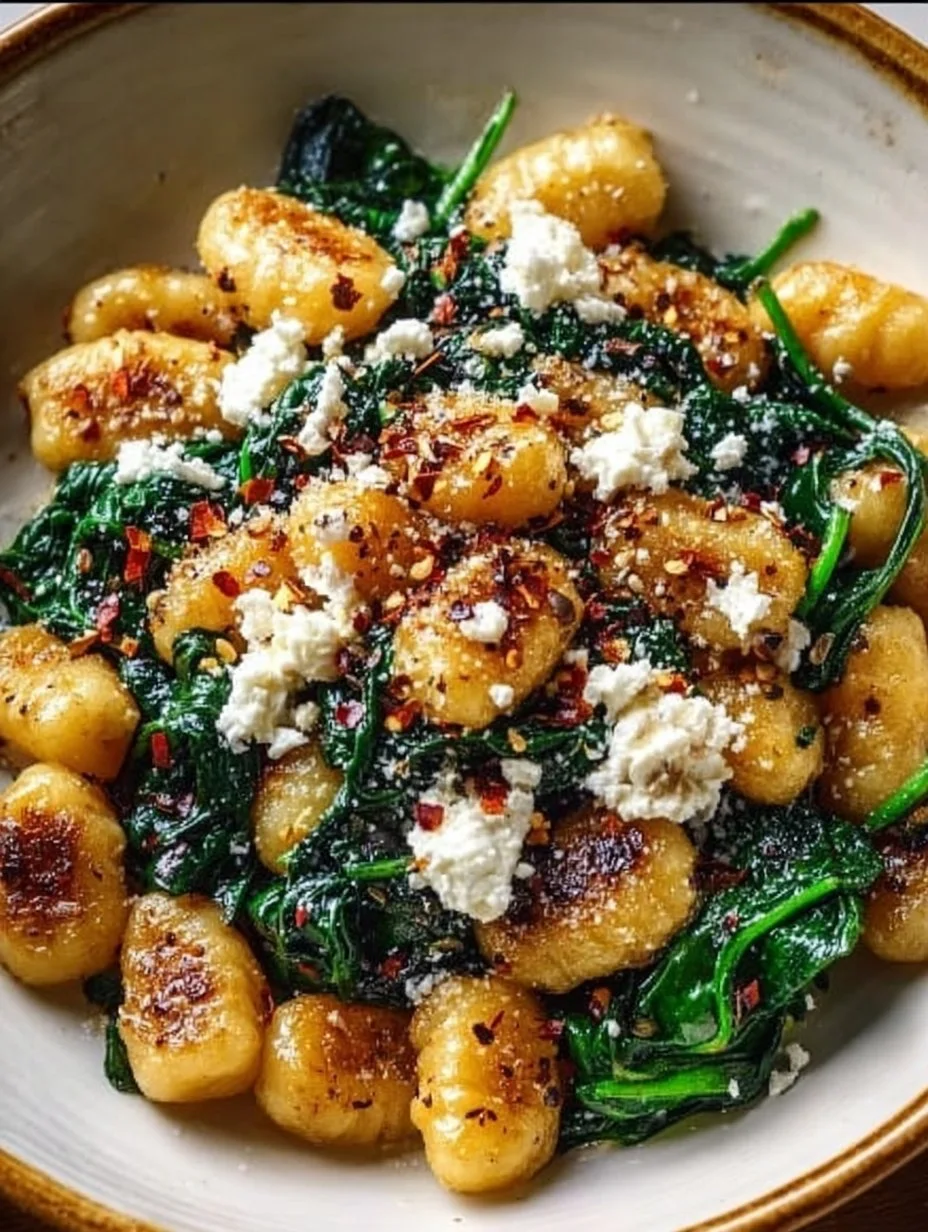 Gnocchi mit Spinat und Feta, serviert in einer Schüssel