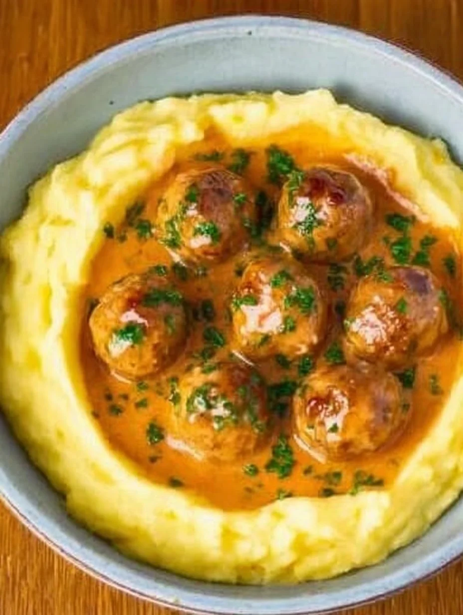 Hackbällchen in cremiger Sauce mit Kartoffelpüree auf einem Teller serviert