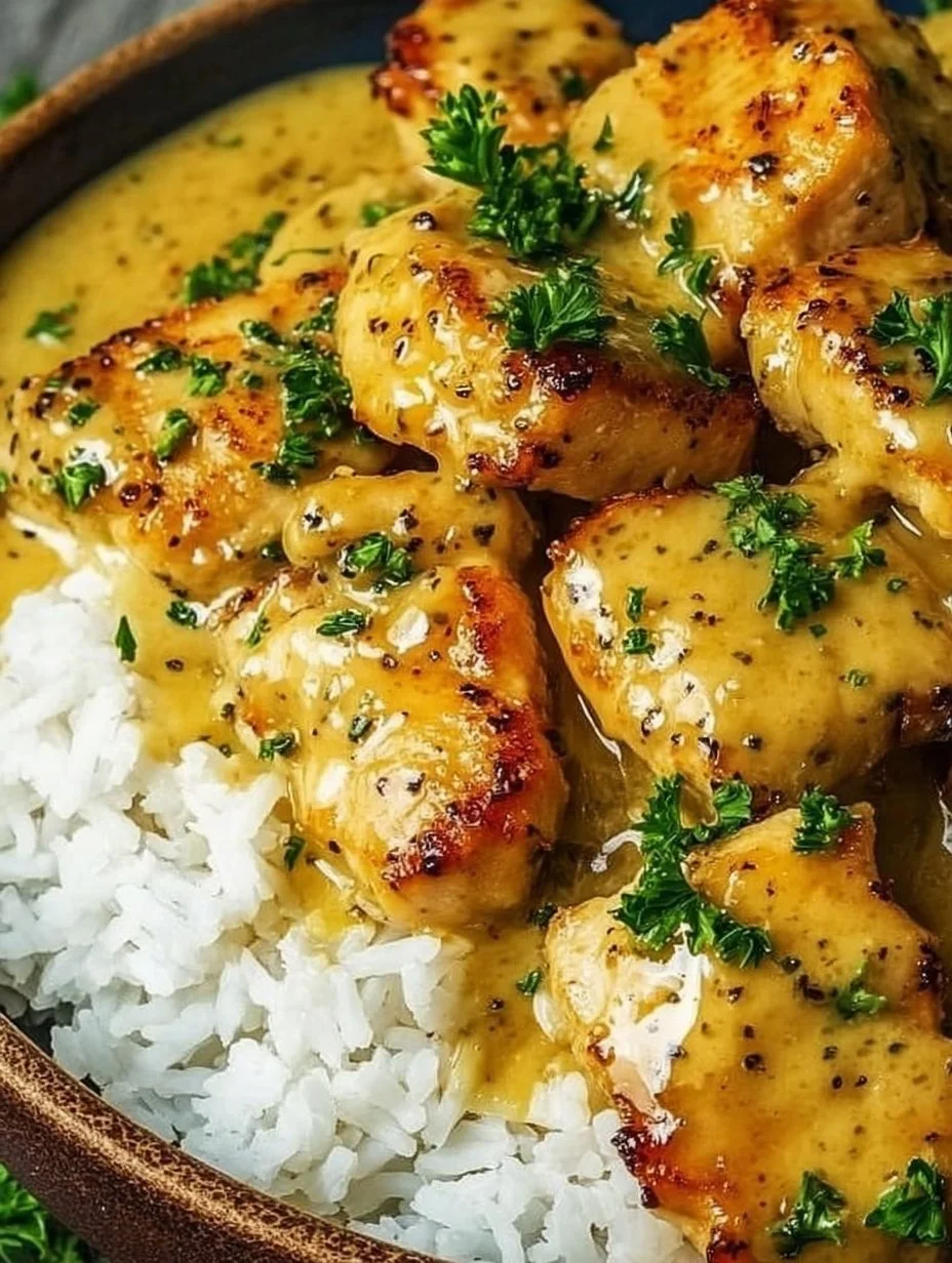 Hähnchen in Honig-Senf-Sauce serviert mit Reis auf einem Teller