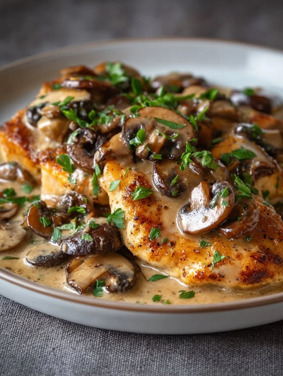 Hähnchen Marsala mit einer reichhaltigen Weinsauce und Pilzen.