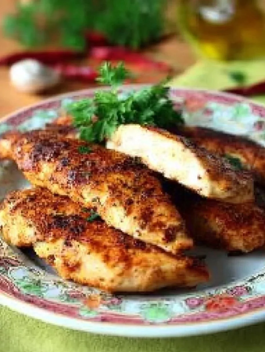 Saftige Hähnchenbrust in der Pfanne zubereitet mit Gemüse und Gewürzen.