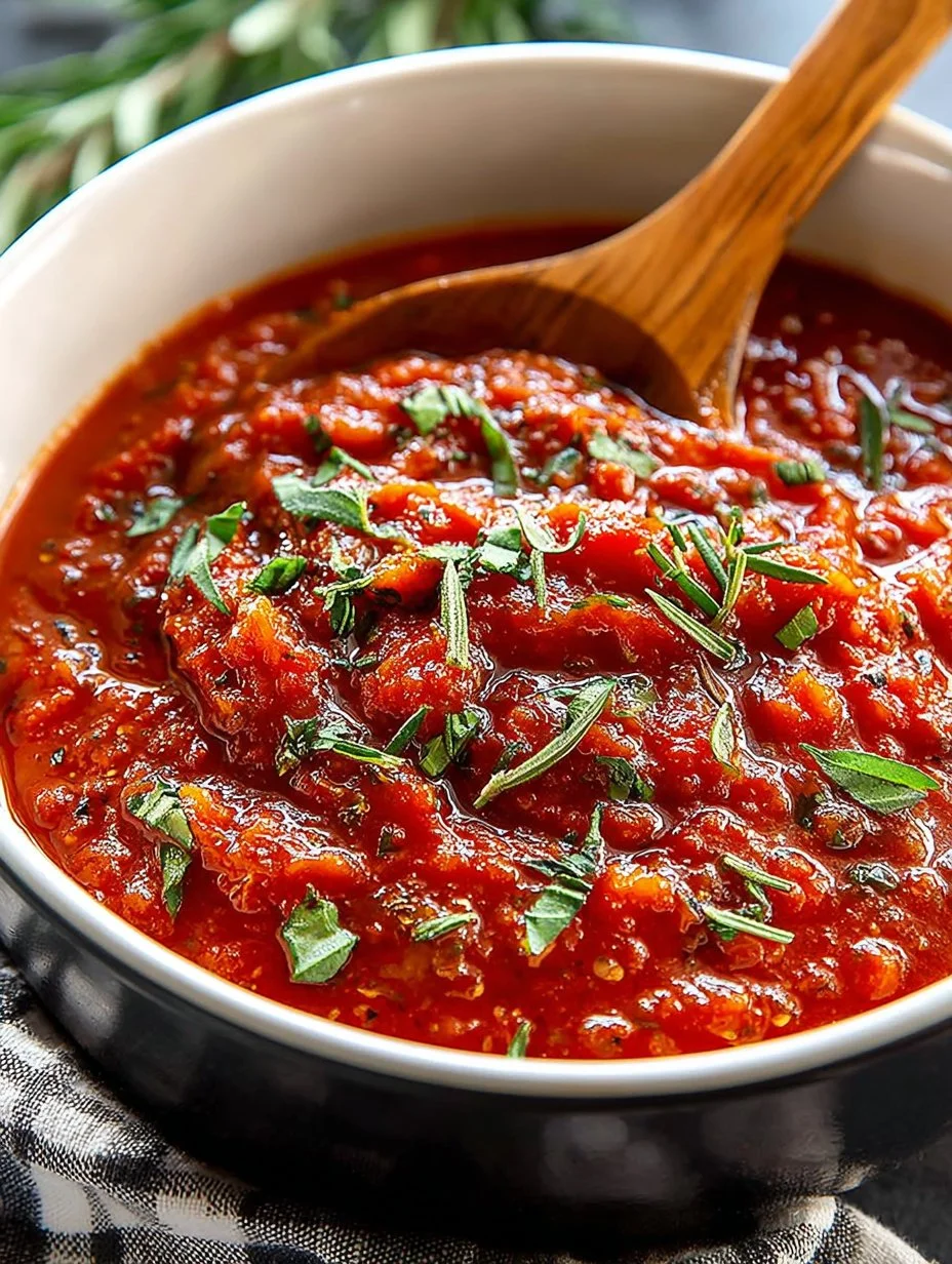 Hausgemachte Marinara-Sauce in einer Schüssel mit frischen Zutaten