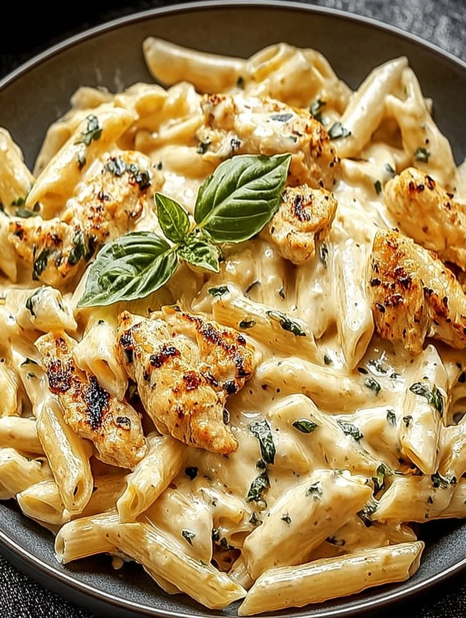 Leckere Hähnchen-Pasta in einer cremigen Sauce serviert