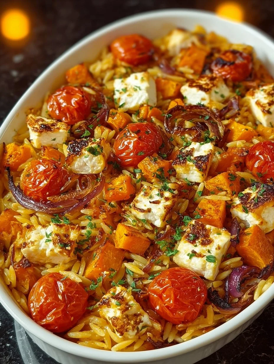 Herbstlicher Halloumi Orzo Auflauf mit frischem Gemüse und Käse