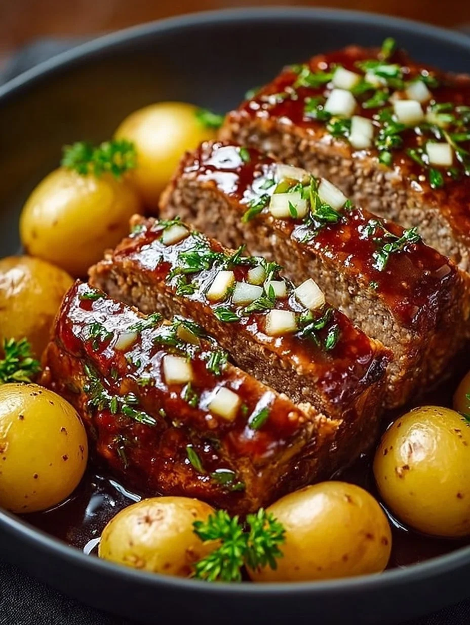 Herzhafter Hackbraten mit Ofenkartoffeln auf einem Teller serviert