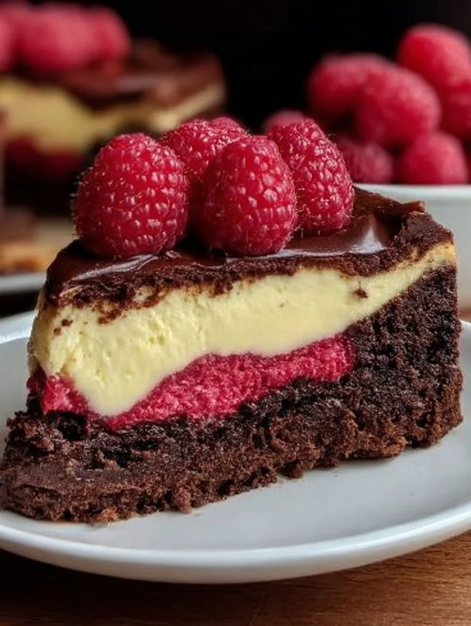 Himbeer-Brownie-Cheesecake auf einem weißen Teller