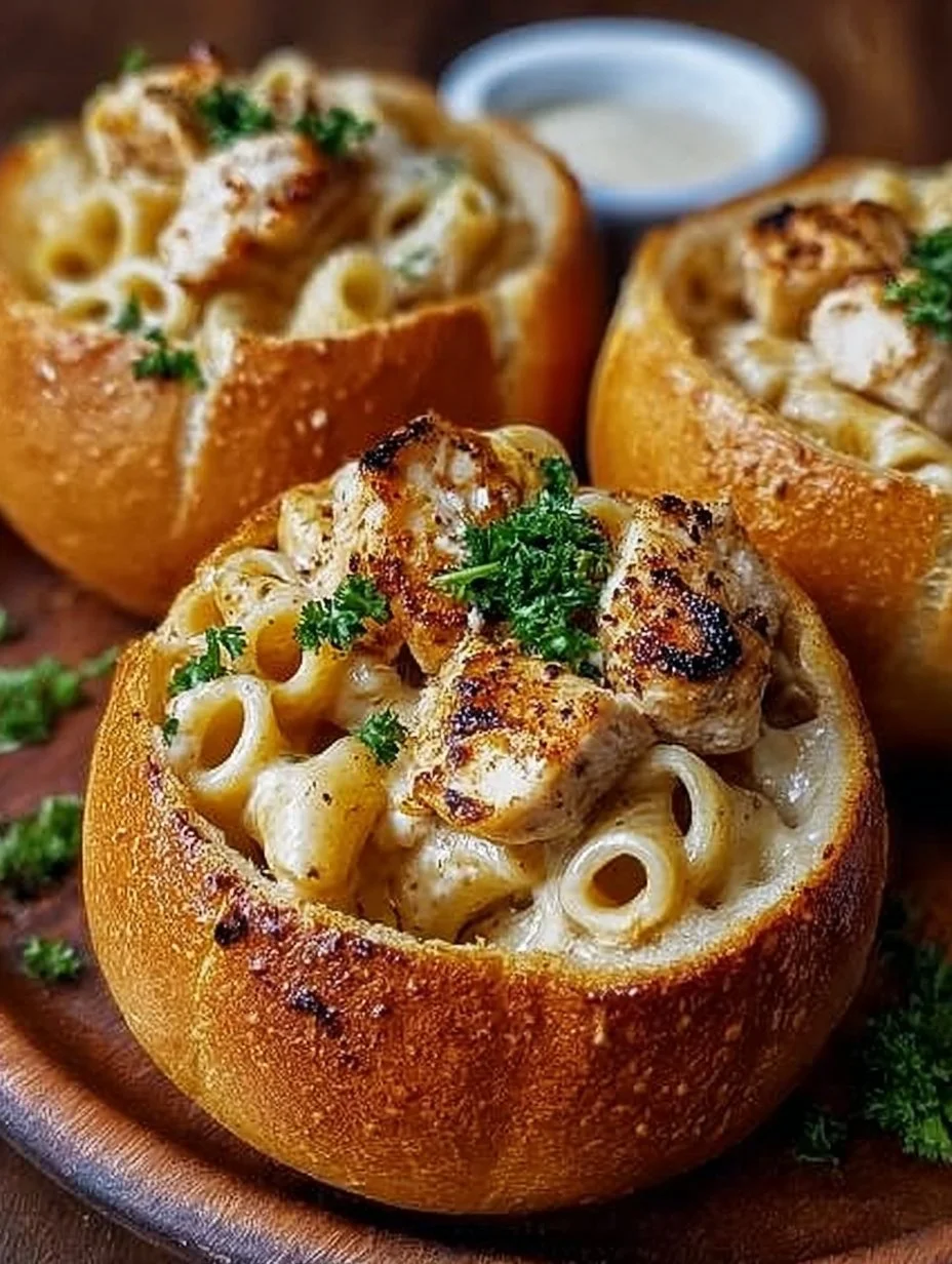 Hühnchen Alfredo in Knoblauchbrot-Schalen