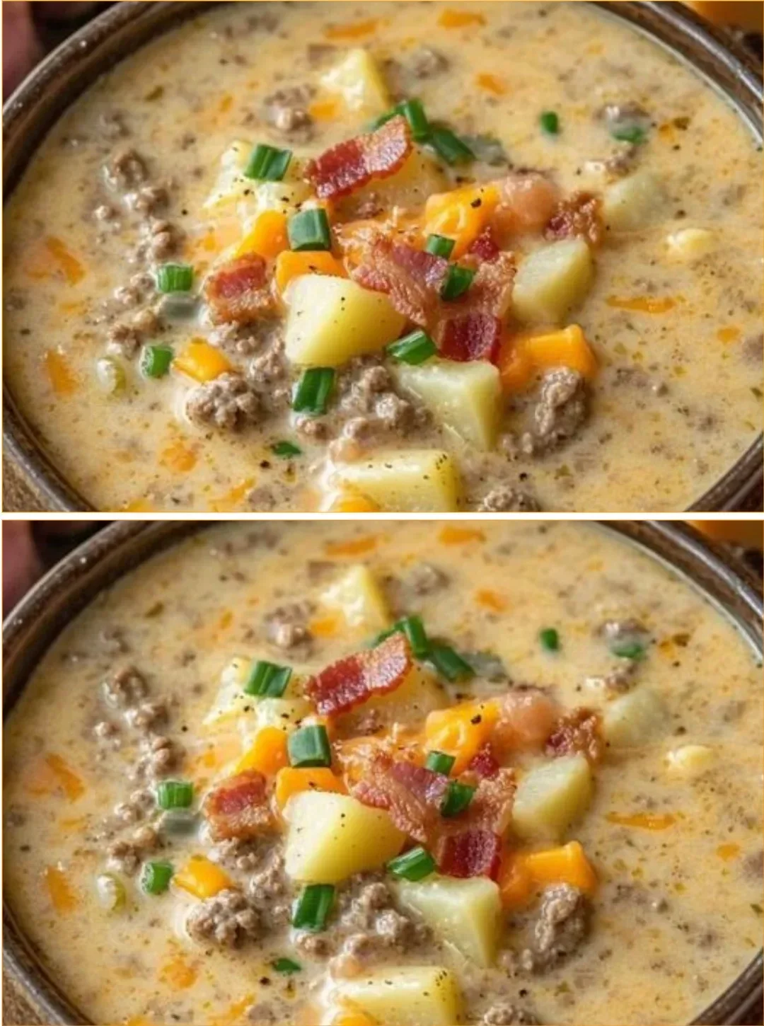 Schüssel mit Käse-Burger-Suppe, die Burger-Geschmack in flüssiger Form bietet.