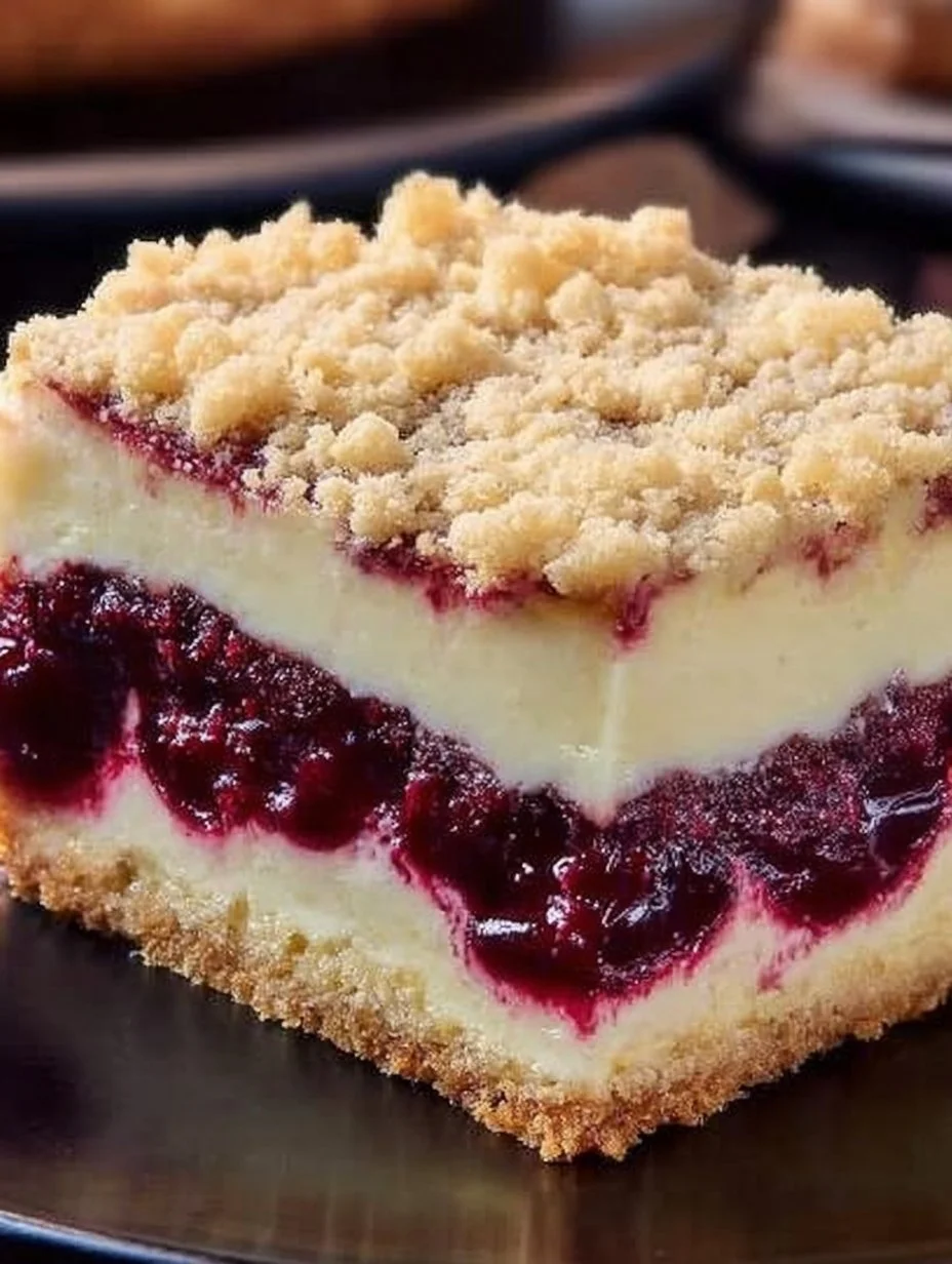 Käsekuchen mit Kirschen und Streuseln auf einem Teller
