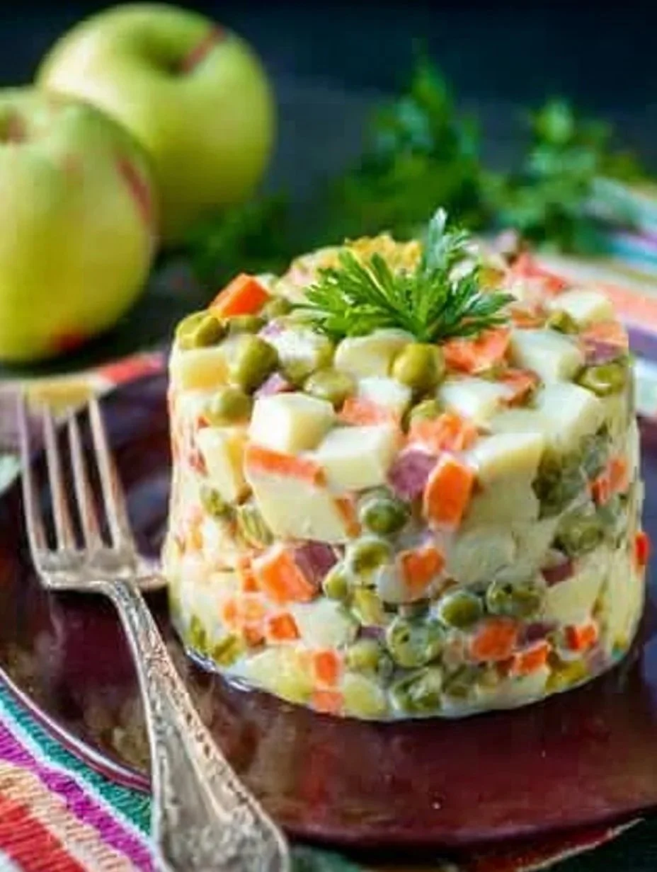 Klassischer Winter-Salat Olivier mit Wurst und Apfel auf einem Teller