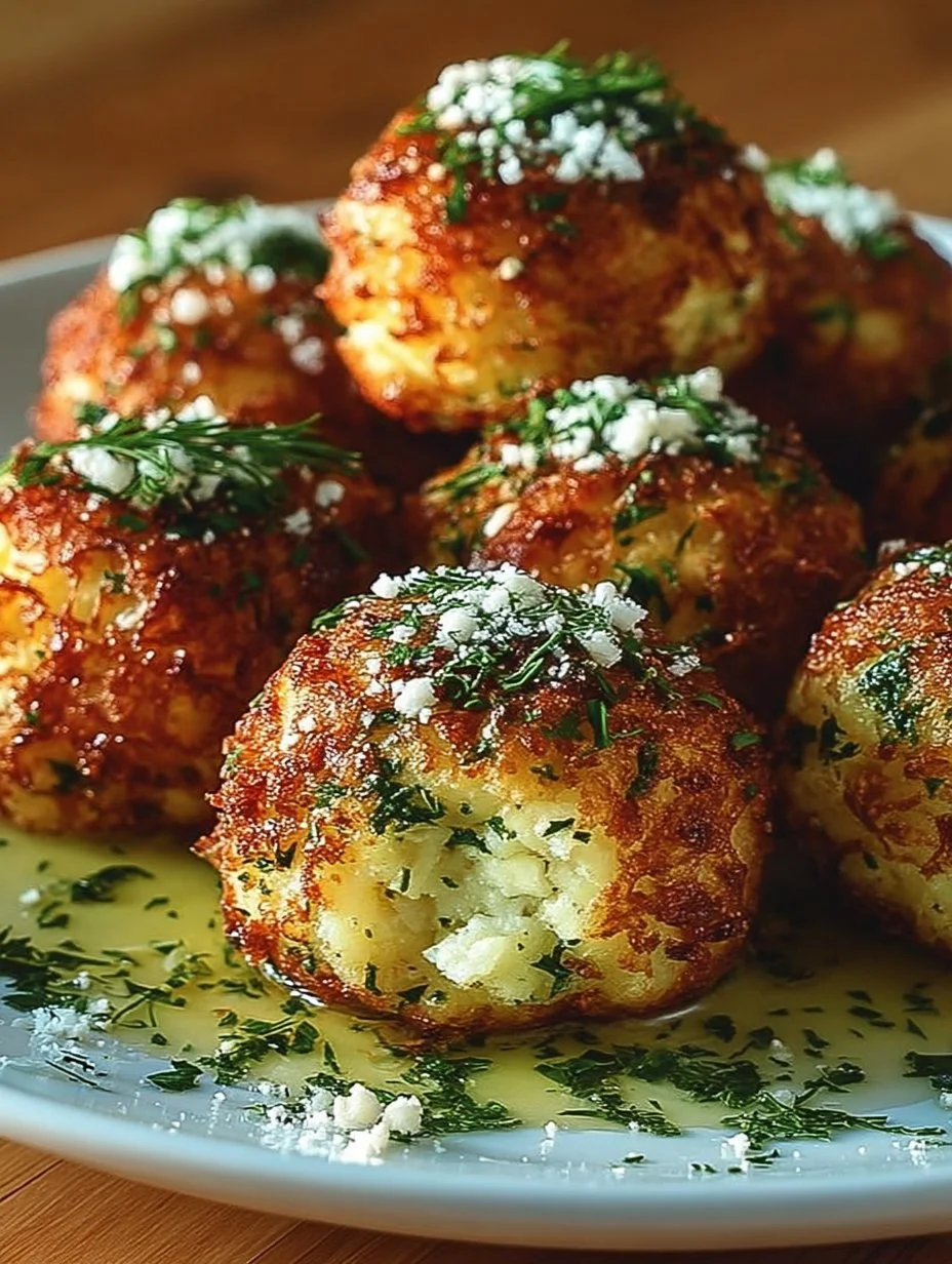 Knusprige Zucchini-Feta-Bällchen auf einem weißen Teller serviert