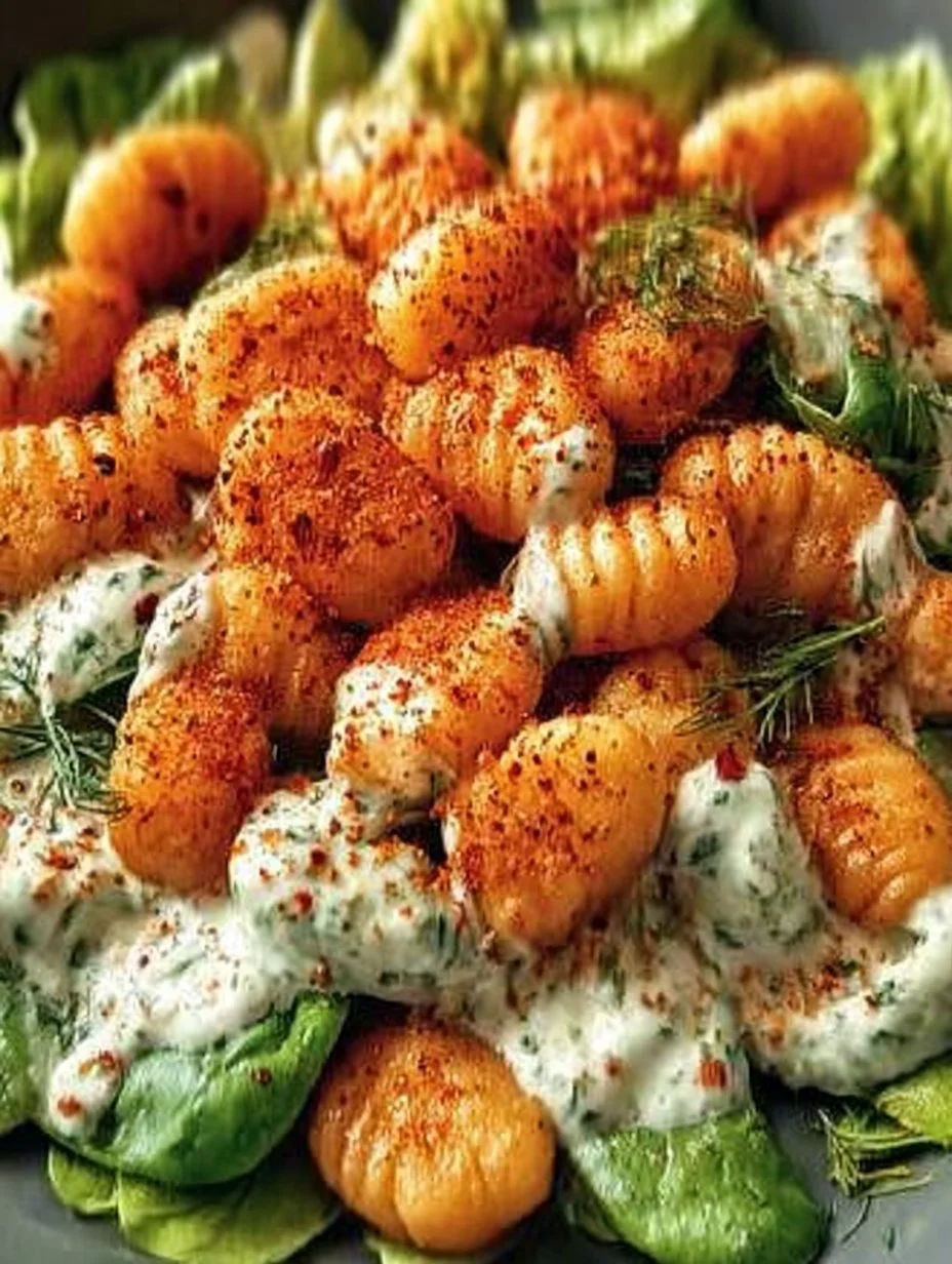 Knuspriger Gnocchi-Salat mit Joghurt-Dressing auf einem Teller serviert