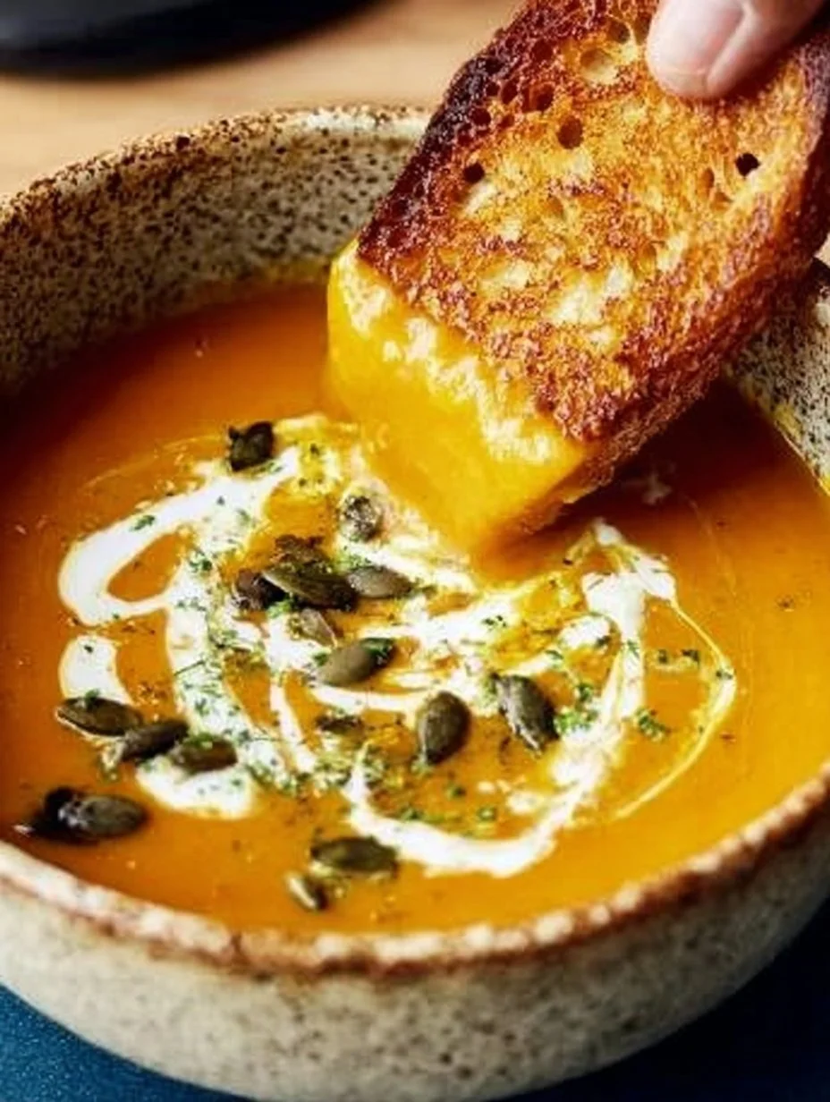 Eine Schüssel Kürbissuppe mit Kürbiskernen und frischen Kräutern garniert