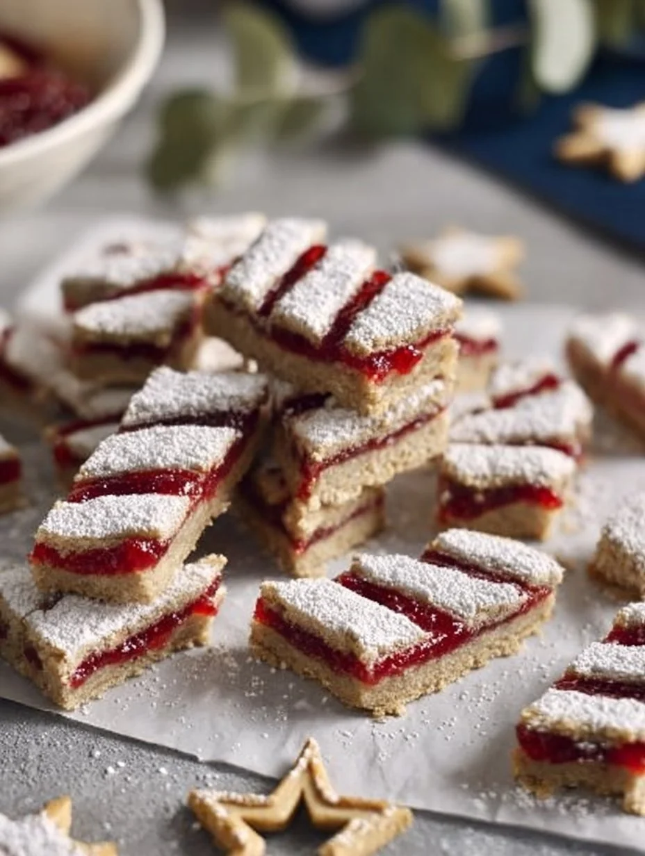 Linzer Streifen mit Mürbeteig und Johannisbeer-Marmelade auf einem Teller