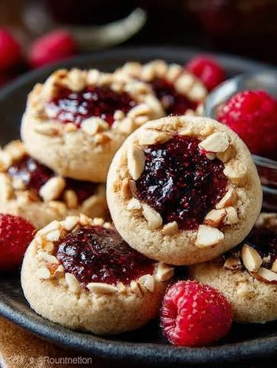 Mandel-Himbeer-Daumenprint-Kekse auf einem Teller mit frischen Himbeeren