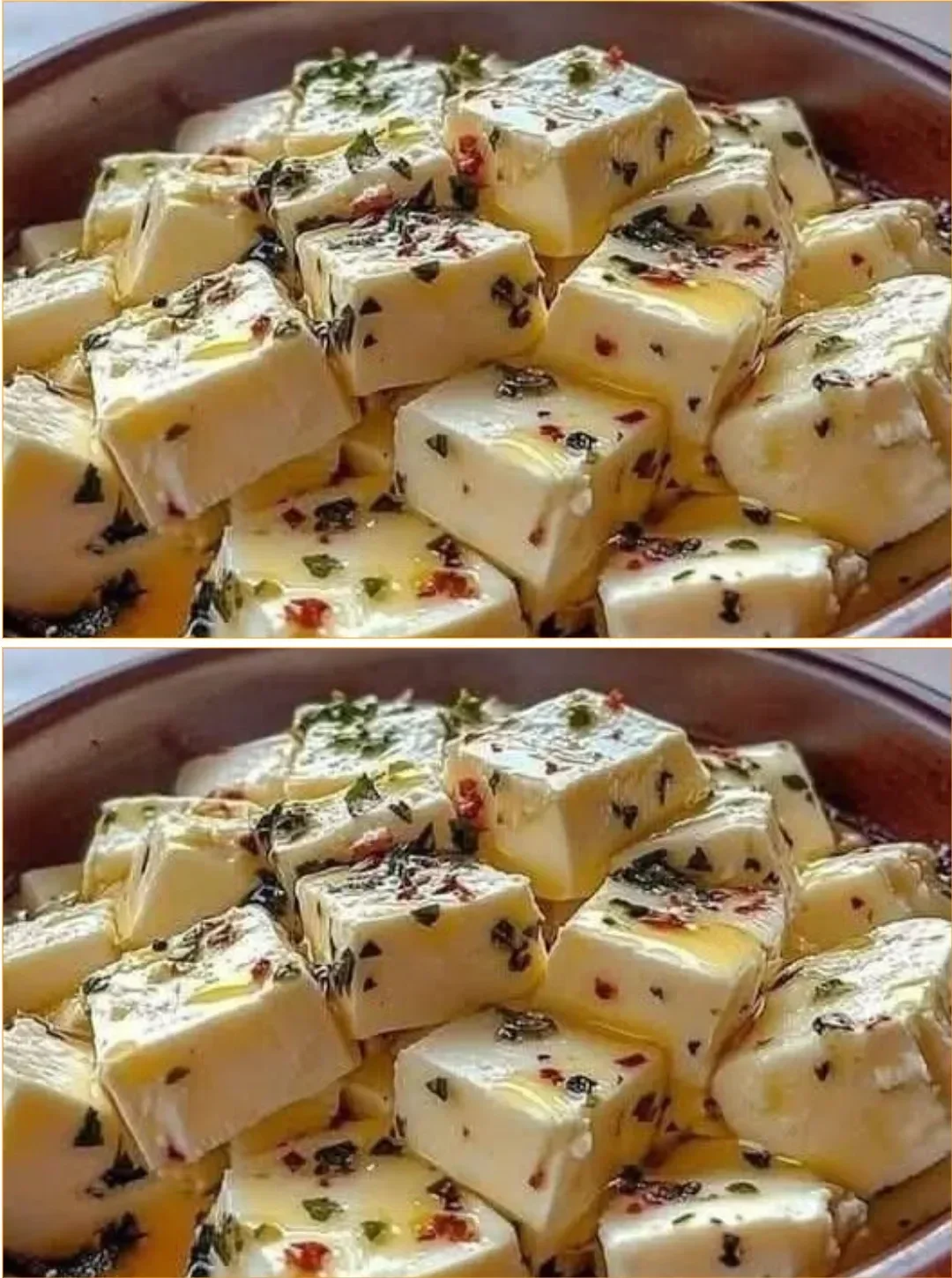 Marinierter Feta-Käse mit Kräutern und Gewürzen in einer Schüssel.
