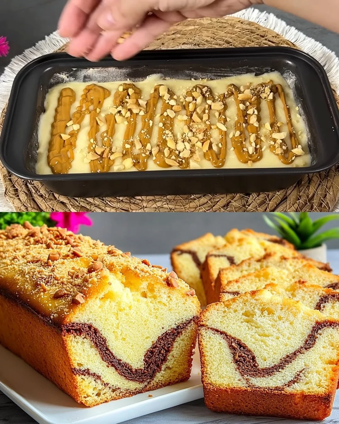 Marmorizierte Biskoff Torte auf einem Teller mit Sahne