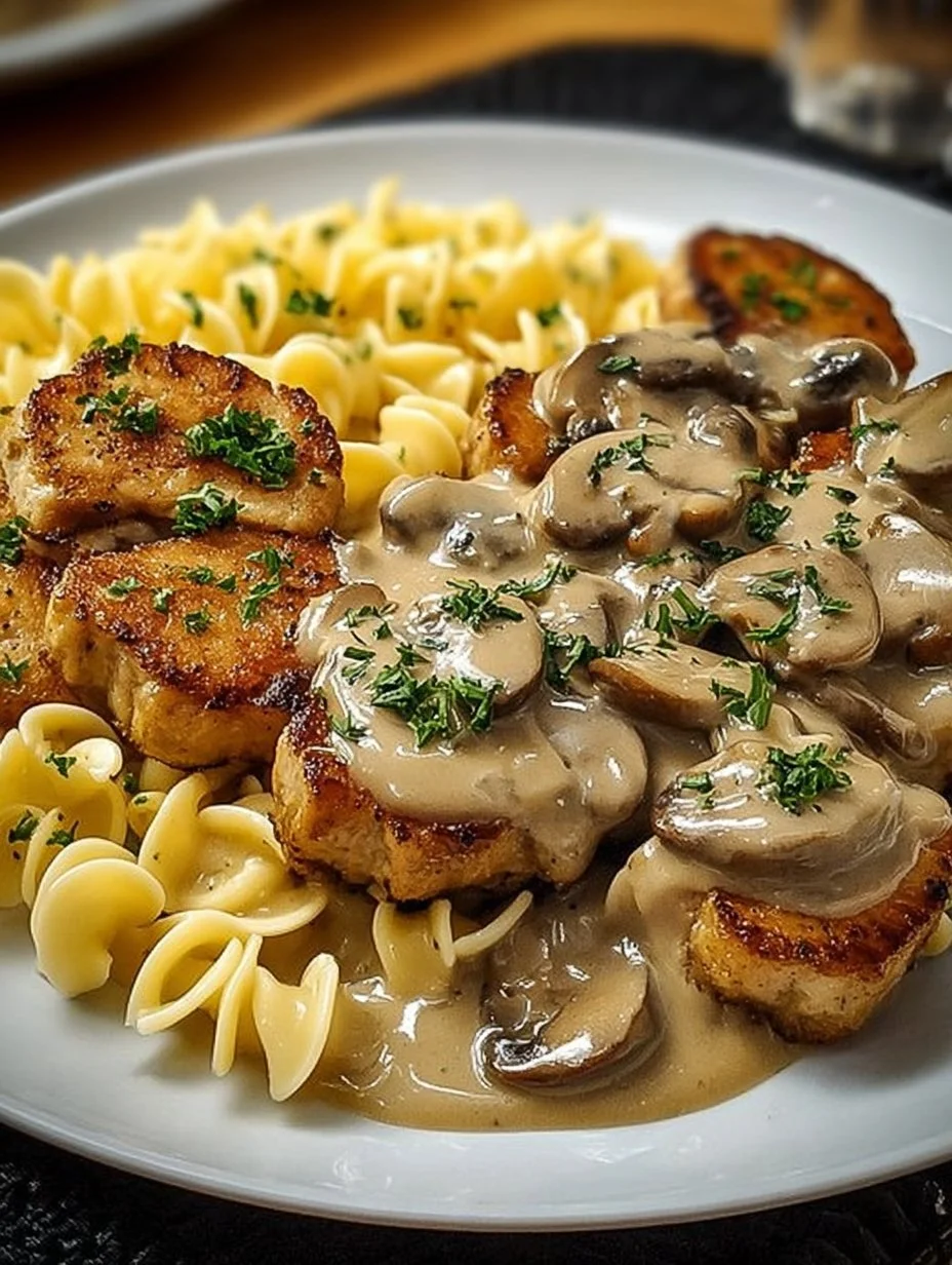 Medaillons Spätzle in cremiger Champignon-Rahmsoße serviert.