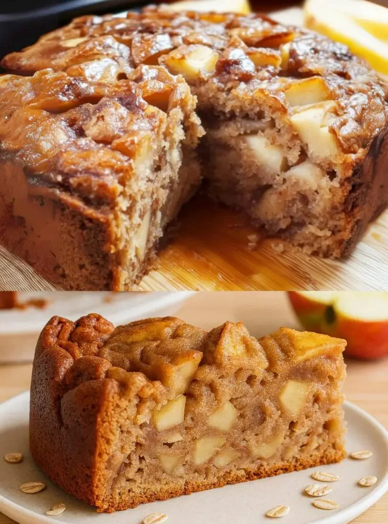 Oats-Bananen-Apfelkuchen auf einem Teller, frisch gebacken und verziert.