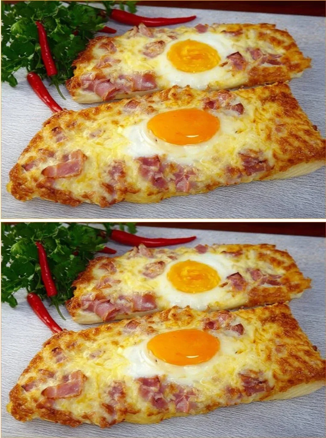 Ofen-Sandwich mit Würstchen und Eiern auf einem Teller serviert