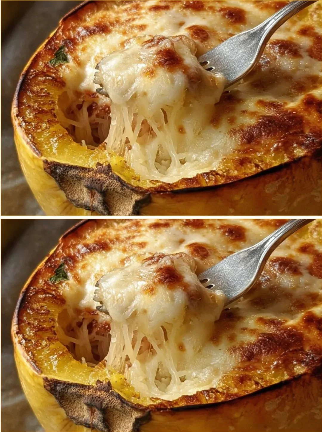 Ofen-Spaghetti mit Kürbis, Tomatensauce und Käse auf einem Teller serviert.