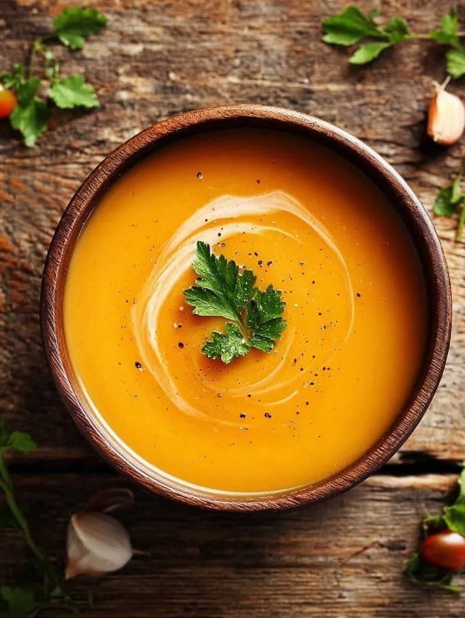 Eine Schüssel Omas Kürbissuppe mit frischen Kräutern garniert