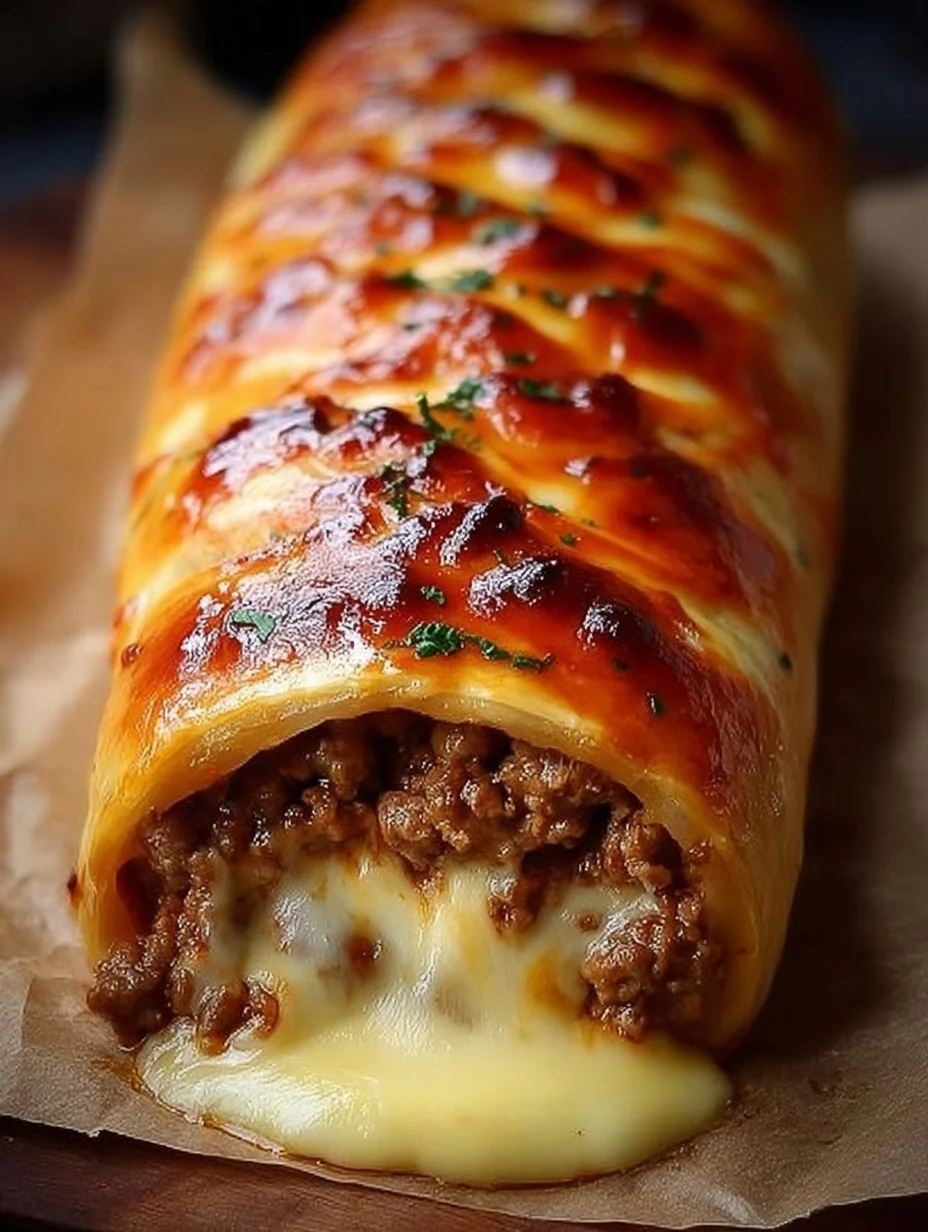 Leckere Hackfleisch-Käse-Rolle frisch aus dem Ofen, serviert mit Beilagen.