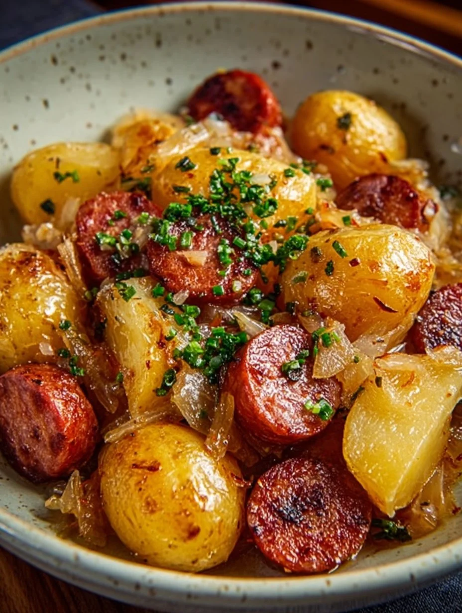 Polnische Wurst mit Sauerkraut und Kartoffeln im Crockpot zubereitet