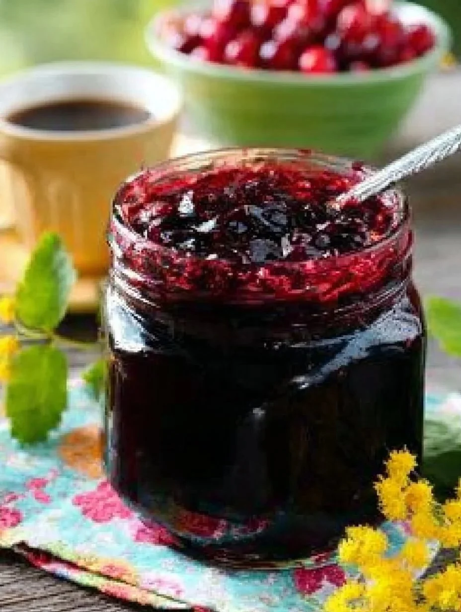 Glas Preiselbeermarmelade auf einem Holzbrett mit frischen Preiselbeeren
