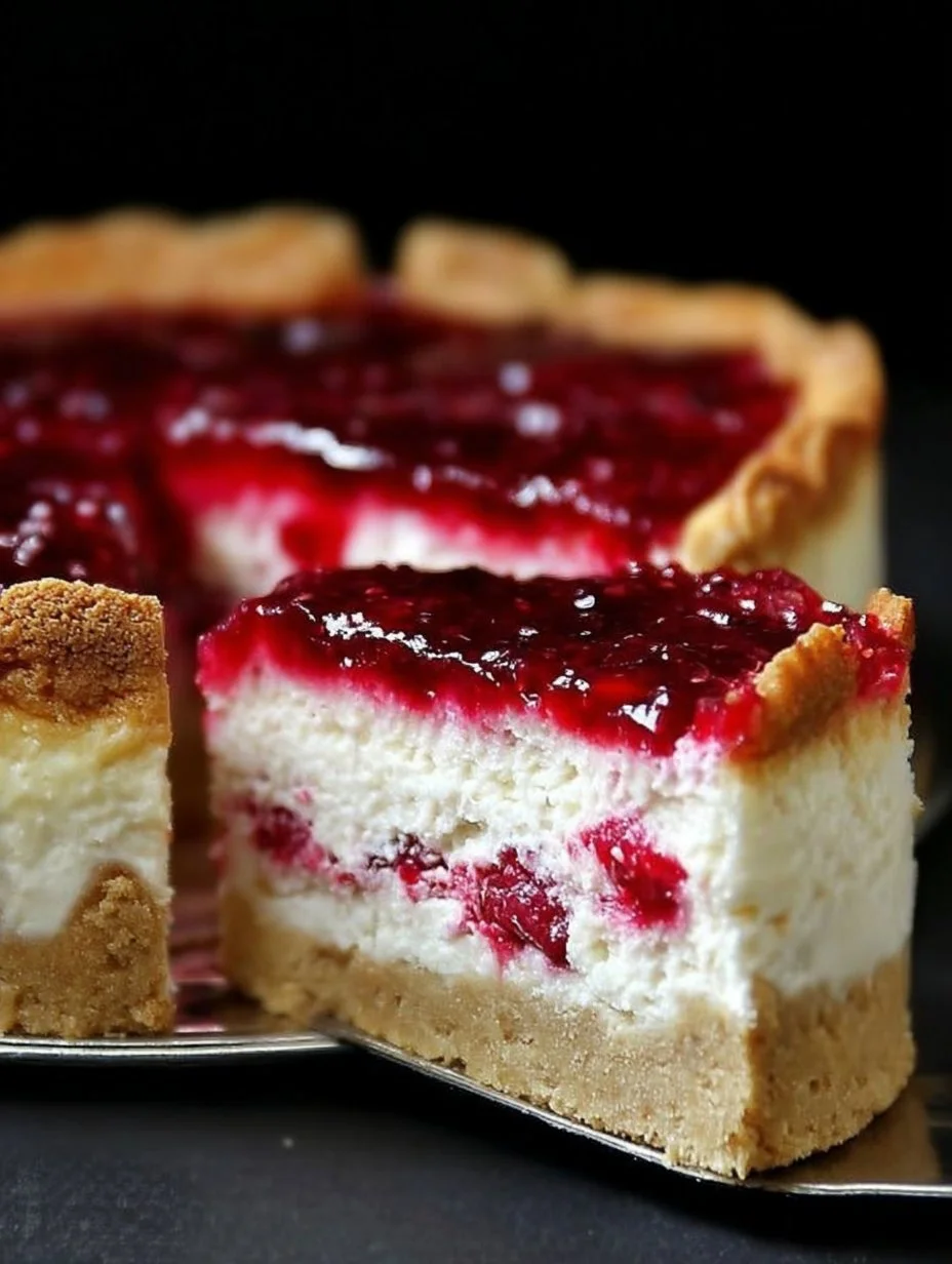 Pudding-Schmand-Kuchen mit Himbeeren auf einem weißen Teller