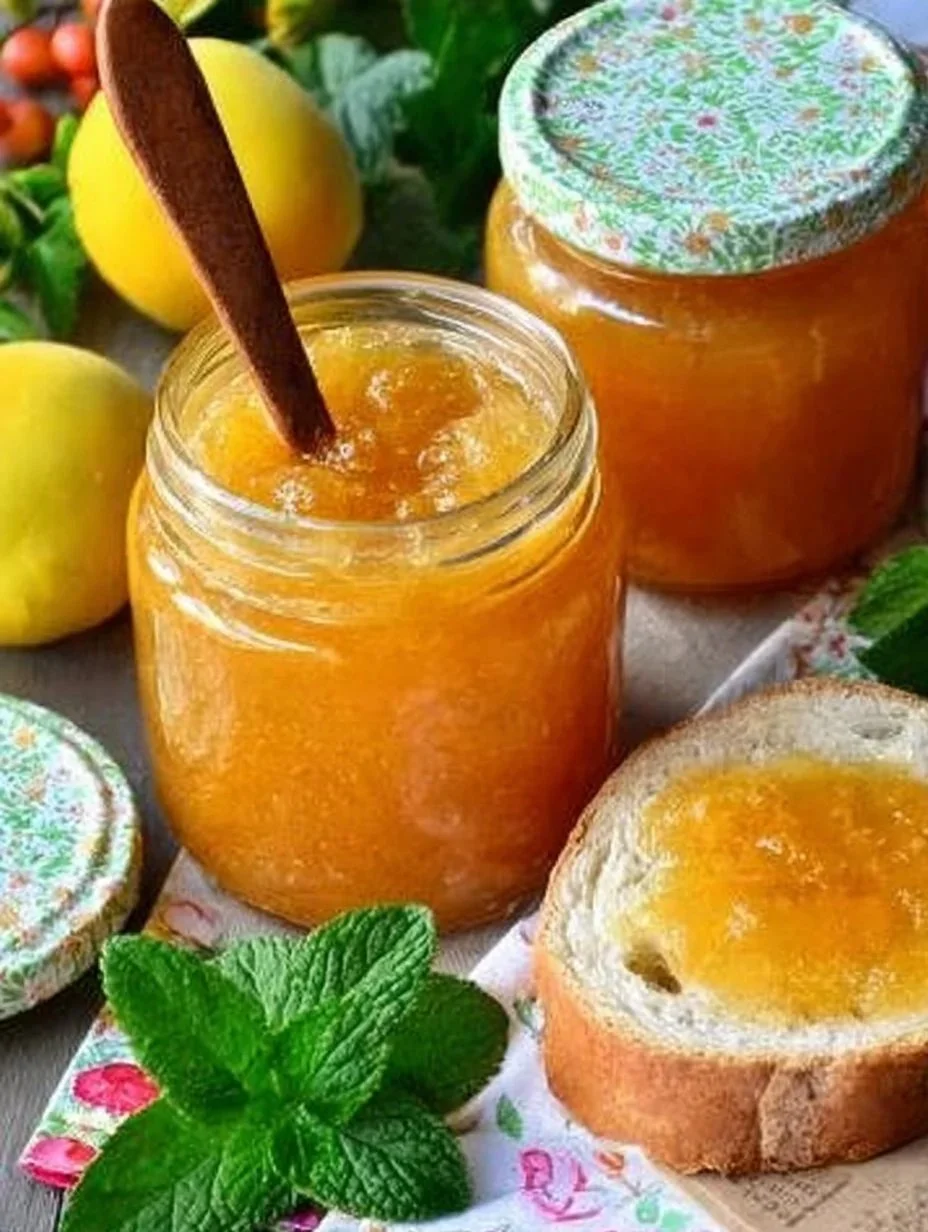 Hausgemachte Quittenmarmelade in einem Glas mit Quittenfrüchten
