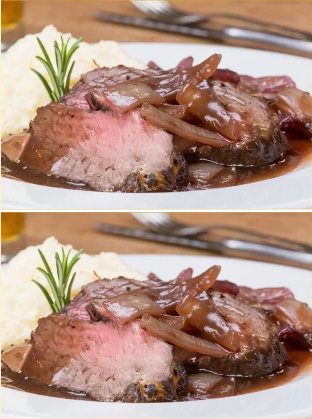 Einfaches Rezept für Rinderbraten auf einem Teller serviert.