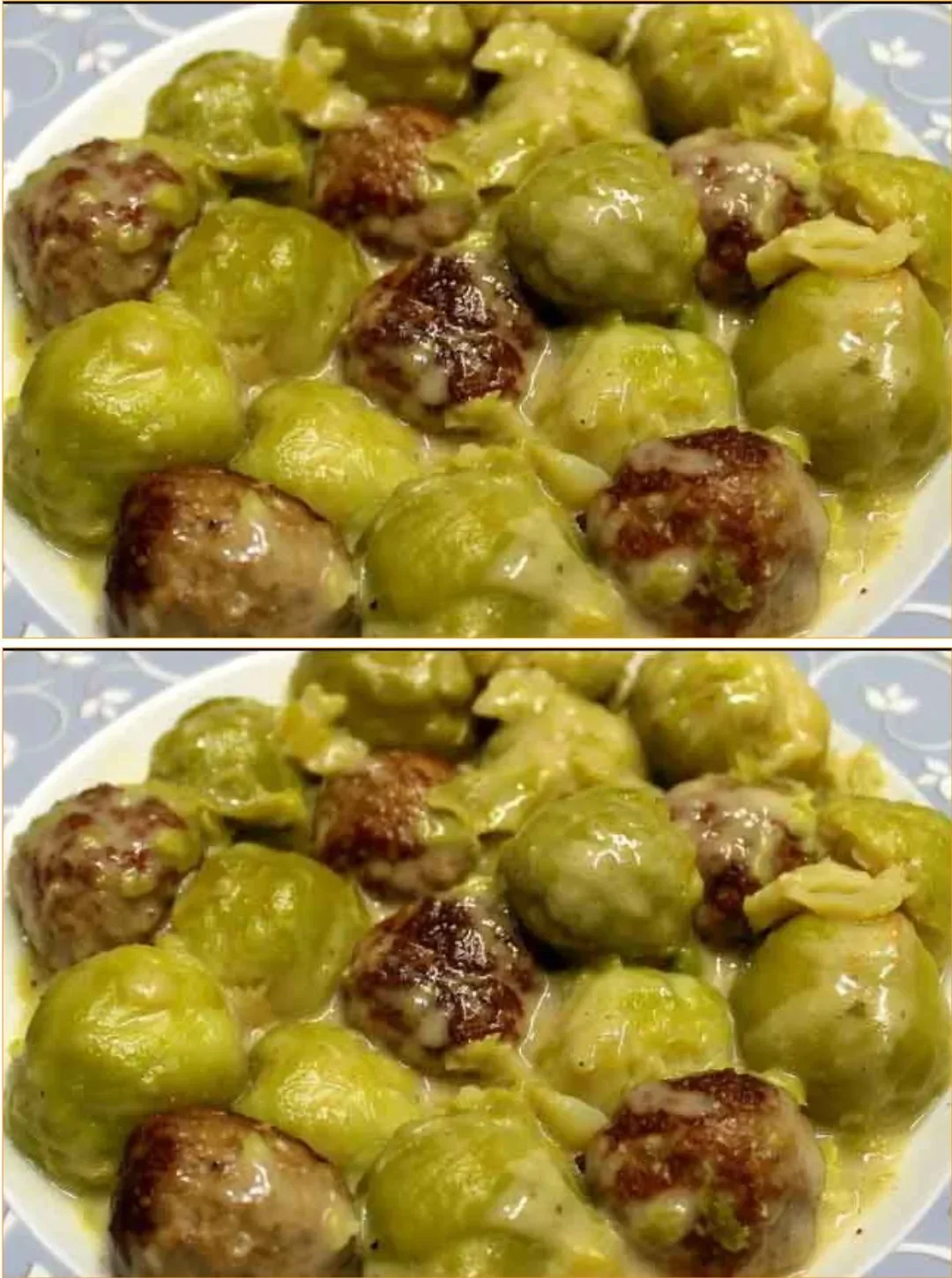 Rosenkohl Fleischbällchen in Sahnesoße auf einem Teller serviert.