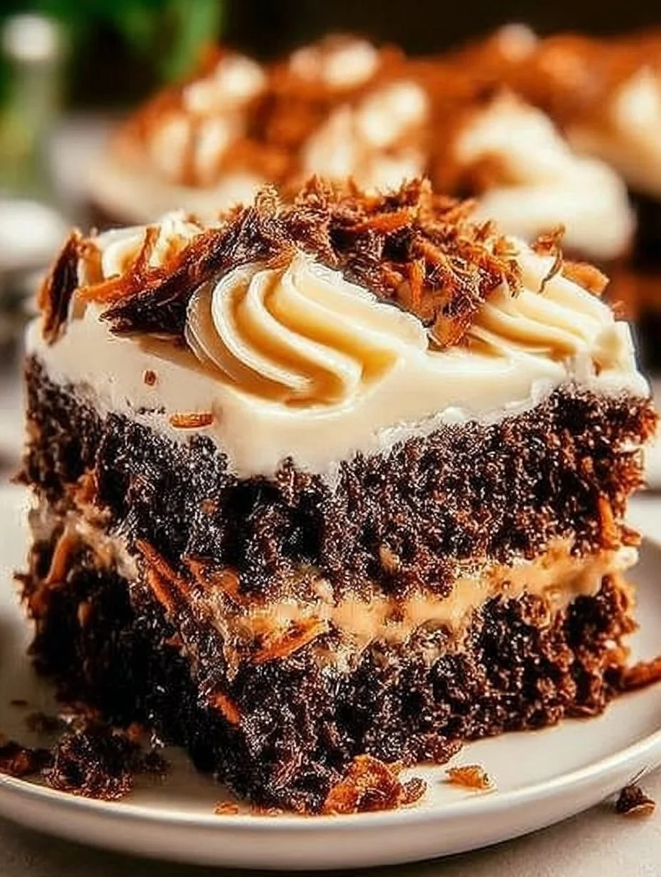 Schoko Karottenkuchen mit Frischkäse Frosting auf einem bunten Tischtuch