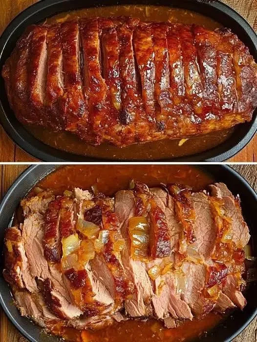 Zart gebratener Schweinebraten mit frischem Gemüse serviert auf einem Teller.