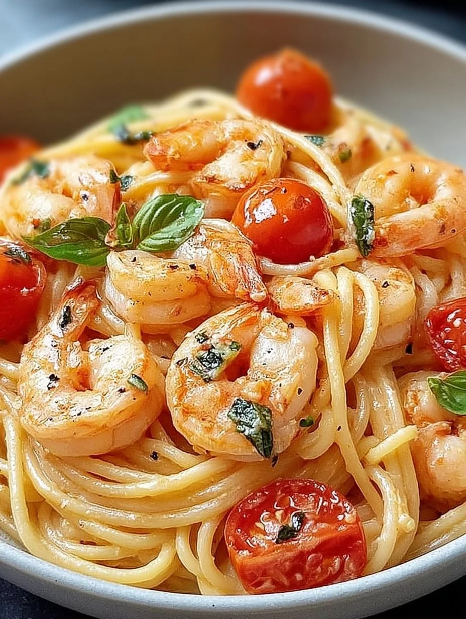 Spaghetti Garnelen in cremiger Frischkäse-Sauce auf einem Teller serviert