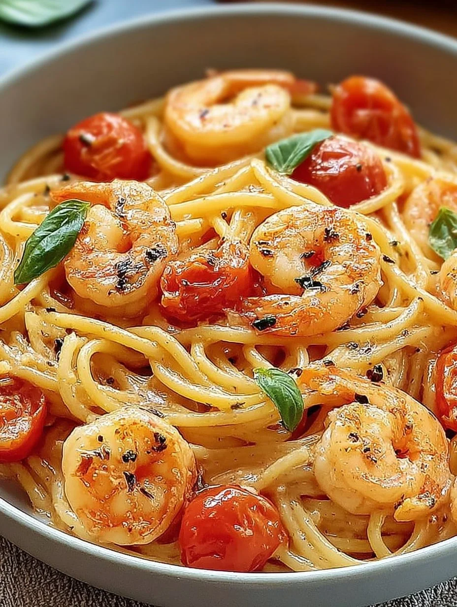 Spaghetti mit Garnelen in cremiger Frischkäsesauce serviert