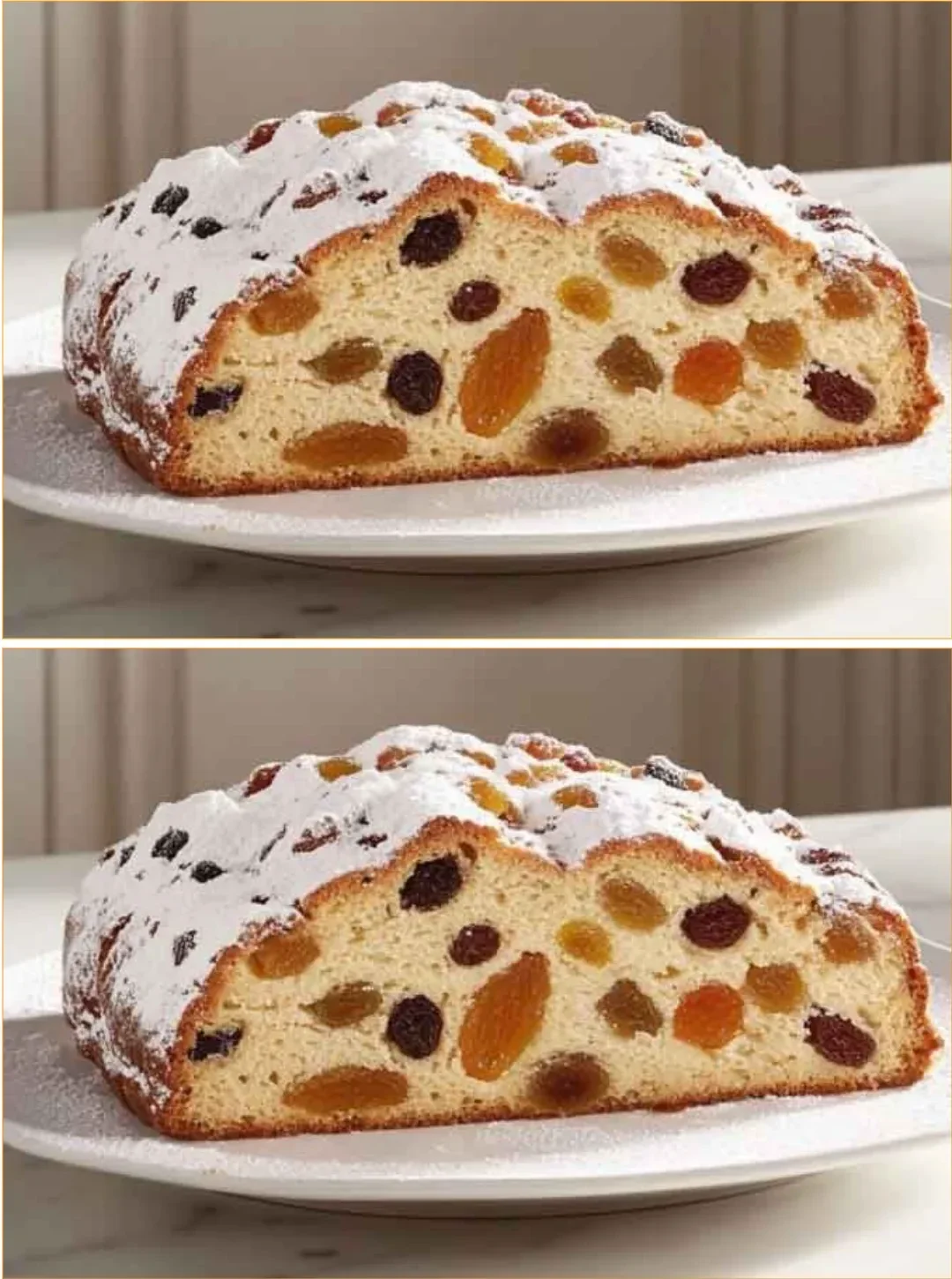 Traditioneller Stollen mit Früchten und Nüssen, ideal für die Weihnachtszeit.