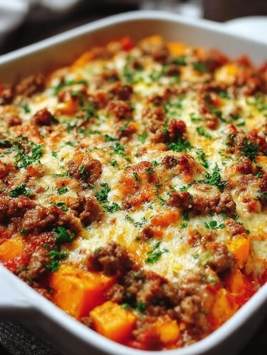 Süßkartoffel-Hackfleisch-Auflauf mit Feta, serviert in einer Auflaufform