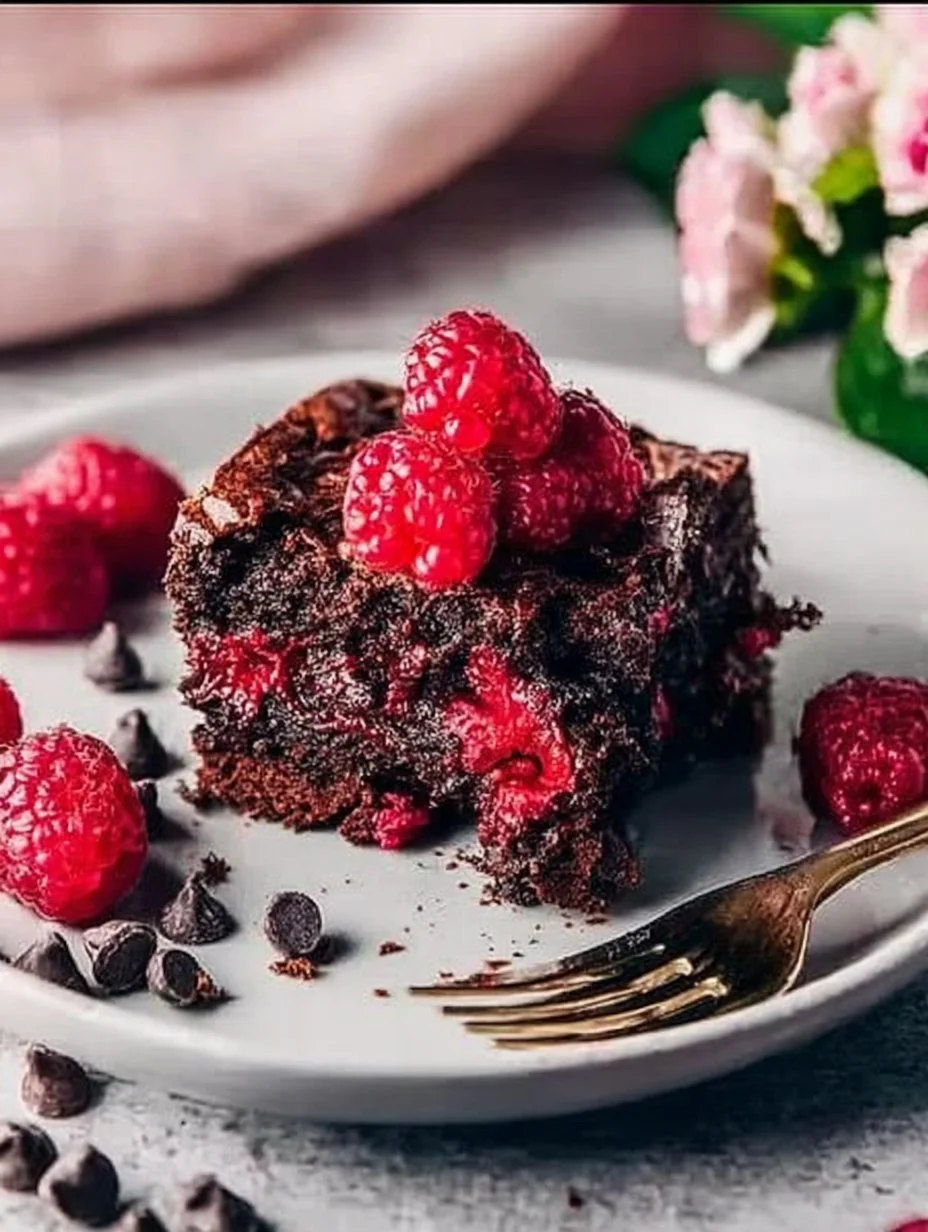 Vegane Himbeer-Brownies mit frischen Himbeeren und schokoladigem Teig