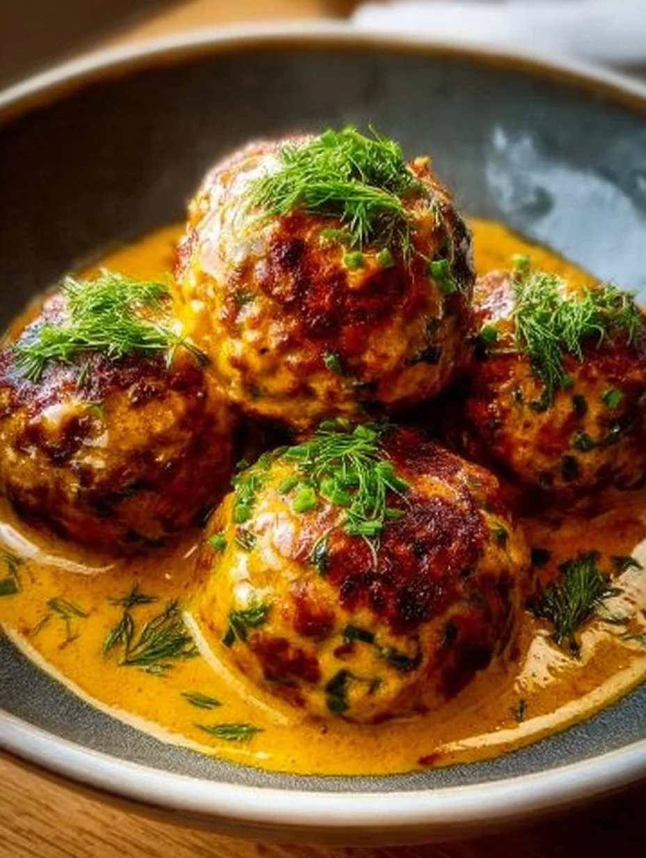 Vegane Linsenknödel in einer cremigen Curry-Sauce, serviert auf einem Teller.