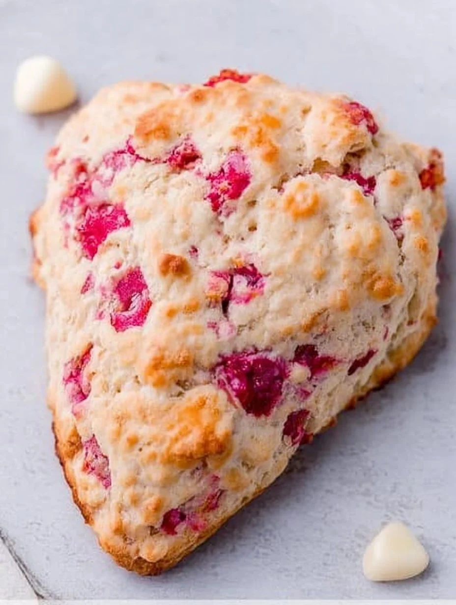 Weiße Schokoladen-Himbeer-Scones frisch aus dem Ofen, lecker und verführerisch.