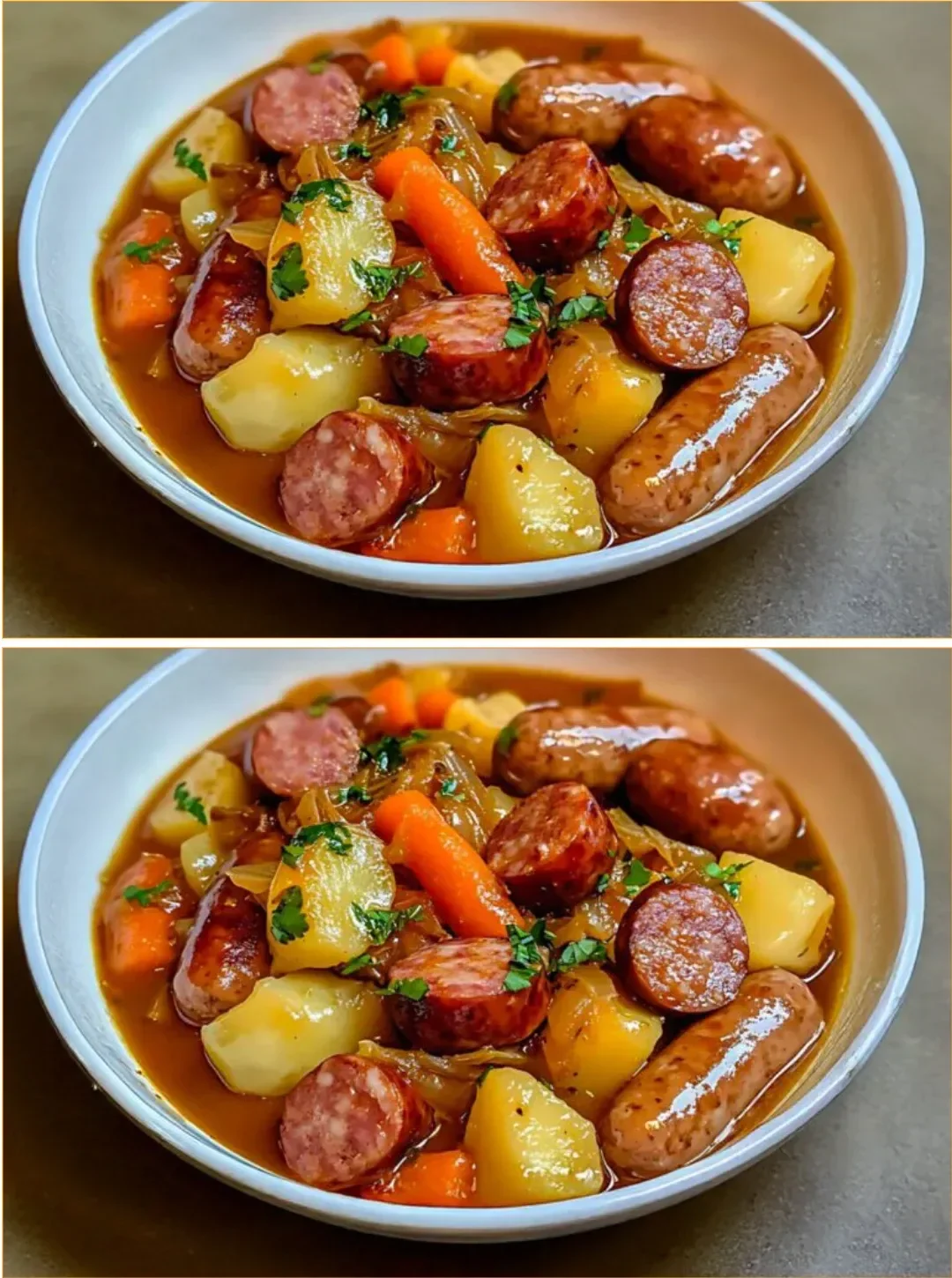 Ein appetitliches Wurst-Potée mit verschiedenen Gemüsesorten auf einem Teller.