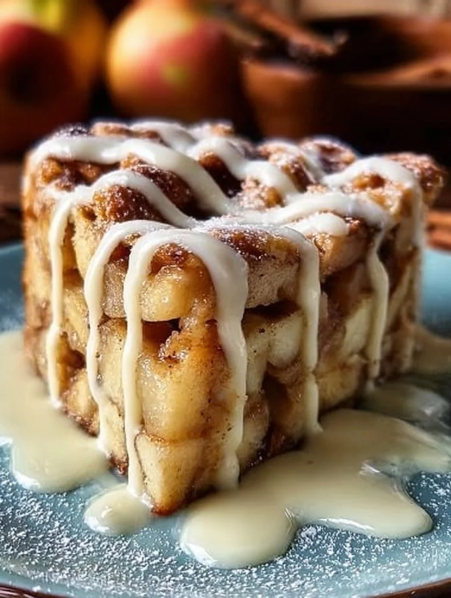 Leckere Zimtschnecken Apfelkuchen auf einem Kuchenteller, garniert mit Zimt.